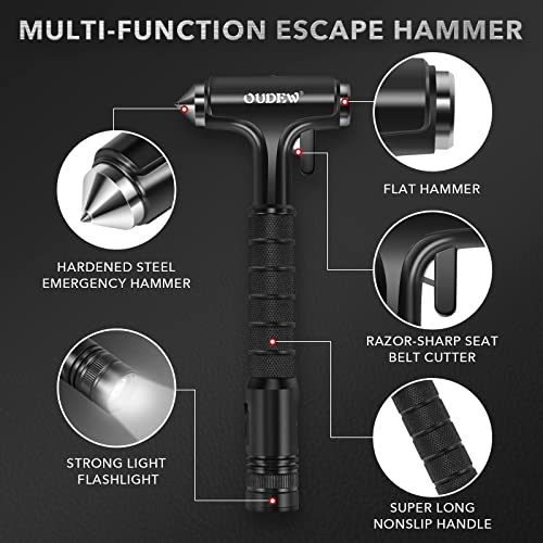 OUDEW Car Escape Tool, Window Breaker, Car Safety Hammer with Lighting Function, Metal Emergecy Escape Hammer with Seat Belt Cutter (Black)