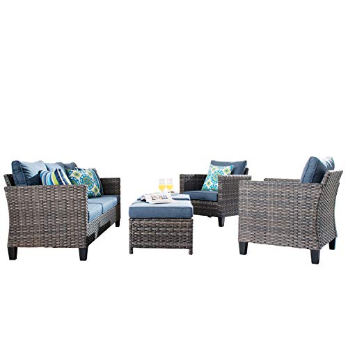 XIZZI Patio Furniture Sets Outdoor Conversation Set 5 Piece All Weather Wicker Sofa Sectional with Ottomans and 2 Pillows for Garden Backyard Deck,Grey Wicker Denim Blue