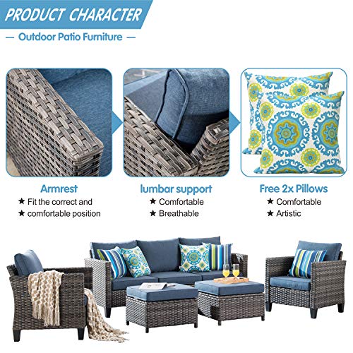 XIZZI Patio Furniture Sets Outdoor Conversation Set 5 Piece All Weather Wicker Sofa Sectional with Ottomans and 2 Pillows for Garden Backyard Deck,Grey Wicker Denim Blue