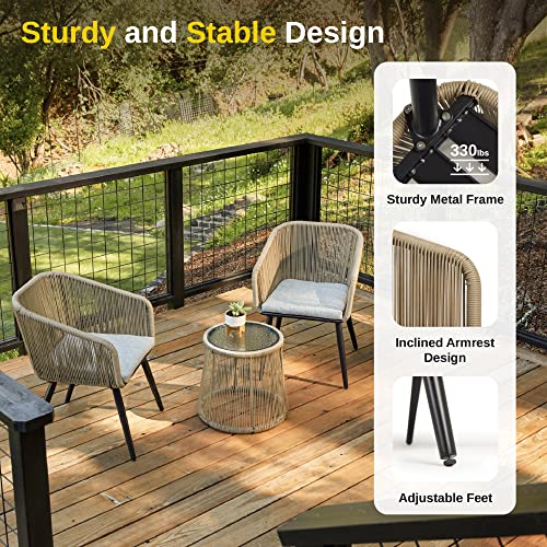 EAST OAK Patio Furniture Set 3-Piece, Outdoor Conversation Set Handwoven Rattan Wicker Chairs with Waterproof Cushions, Tempered Glass Top Coffee Table, Porch Bistro Sets for Backyard, Garden and Deck