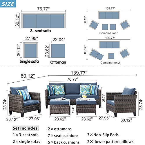 XIZZI Patio Furniture Sets Outdoor Conversation Set 5 Piece All Weather Wicker Sofa Sectional with Ottomans and 2 Pillows for Garden Backyard Deck,Grey Wicker Denim Blue