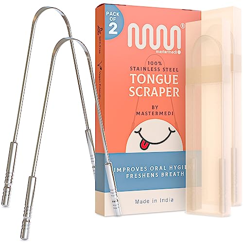 MasterMedi Tongue Scraper for Adults with Travel Case (2 Pc), Bad Breath Treatment Travel Essentials for Oral Care, Medical Grade 100% Stainless Steel Tounge. Scraper Metal, Easy to Use Tongue Cleaner