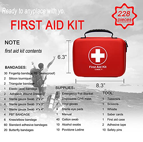 Compact First Aid Kit (228pcs) Designed for Family Emergency Care. Waterproof EVA Case and Bag is Ideal for The Car, Home, Boat, School, Camping, Hiking, Office, Sports. Protect Your Loved Ones.