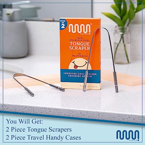 MasterMedi Tongue Scraper for Adults with Travel Case (2 Pc), Bad Breath Treatment Travel Essentials for Oral Care, Medical Grade 100% Stainless Steel Tounge. Scraper Metal, Easy to Use Tongue Cleaner