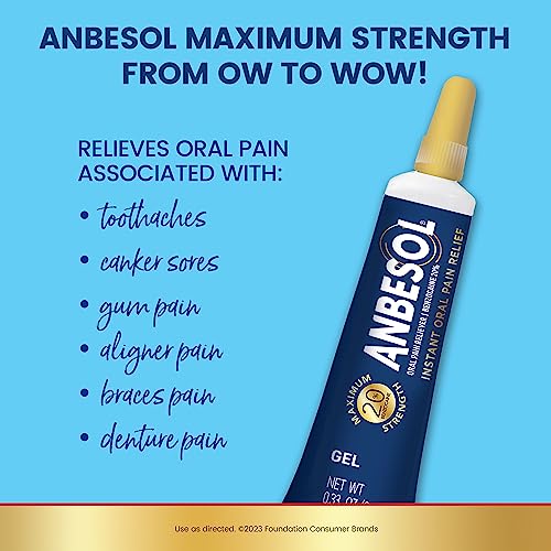 Anbesol Gel Maximum Strength - Instant Oral Pain Relief for Toothaches, Canker Sores, Sore Gums, Denture Pain - 0.33 oz