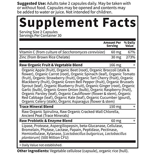 Garden of Life Vitamin Code Raw Vegan Zinc Capsules, 30mg High Potency Whole Food Supplement Plus Vitamin C, Trace Minerals & Probiotics for Skin Health & Immune Support, 60 Count