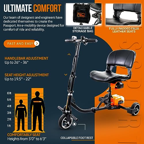 SuperHandy 3 Wheel Folding Mobility Scooter - Electric Powered, Lightest Available, Airline Friendly - Long Range Travel w/ 2 Detachable 48V Lithium-ion Batteries and Charger