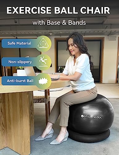 Exercise Ball Chair with Back Support for Home and Office w/Exercise Yoga Balance Ball, Pump, Removable Back & Lockable Wheels - by PharMeDoc
