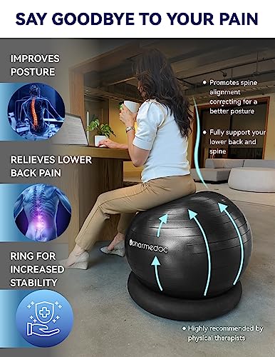 Exercise Ball Chair with Back Support for Home and Office w/Exercise Yoga Balance Ball, Pump, Removable Back & Lockable Wheels - by PharMeDoc