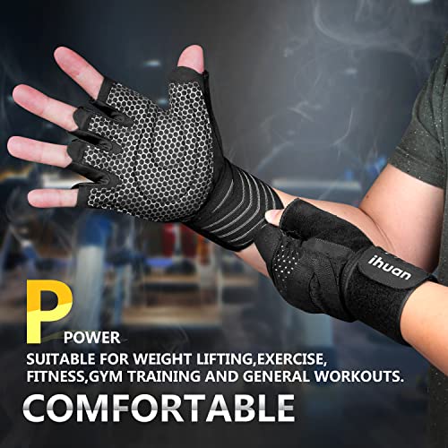 ihuan Ventilated Weight Lifting Gym Workout Gloves Full Finger with Wrist Wrap Support for Men & Women, Full Palm Protection, for Weightlifting, Training, Fitness, Hanging, Pull ups