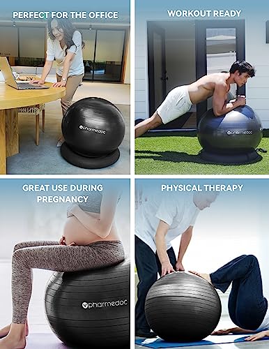 Exercise Ball Chair with Back Support for Home and Office w/Exercise Yoga Balance Ball, Pump, Removable Back & Lockable Wheels - by PharMeDoc