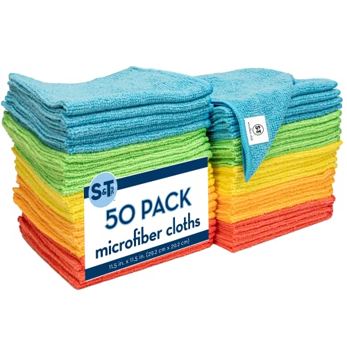 S&T INC. Microfiber Cleaning Cloths, Reusable and Lint-Free Towels for Home, Kitchen and Auto, 11.5 Inch x 11.5 Inch, 50 Pack, Assorted