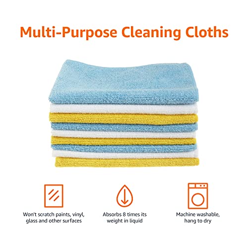 Amazon Basics Microfiber Cleaning Cloths, Non-Abrasive, Reusable and Washable - Pack of 24, 12 x16-Inch, Blue, White and Yellow