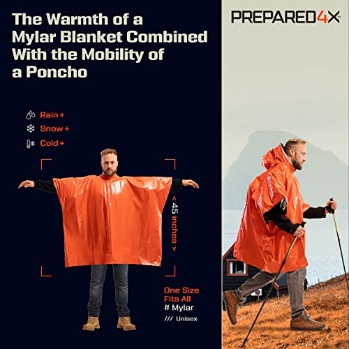 Emergency Blankets & Rain Poncho Hybrid Survival Gear and Equipment â Tough, Waterproof Camping Gear Outdoor Blanket â Retains 90% of Heat + Reflective Side for Increased Visibility â 4 Pack (Orange)