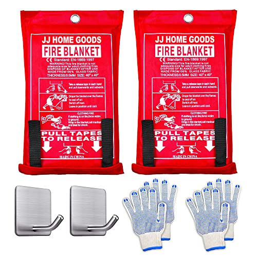JJ CARE Fire Blanket for Home 40"x40" + 2 Hooks & 2 Gloves, Fire Suppression Blanket, Emergency Fire Blanket for People, Fire Blanket Kitchen, Emergency Use - White