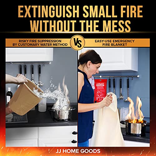 JJ CARE Fire Blanket for Home 40"x40" + 2 Hooks & 2 Gloves, Fire Suppression Blanket, Emergency Fire Blanket for People, Fire Blanket Kitchen, Emergency Use - White