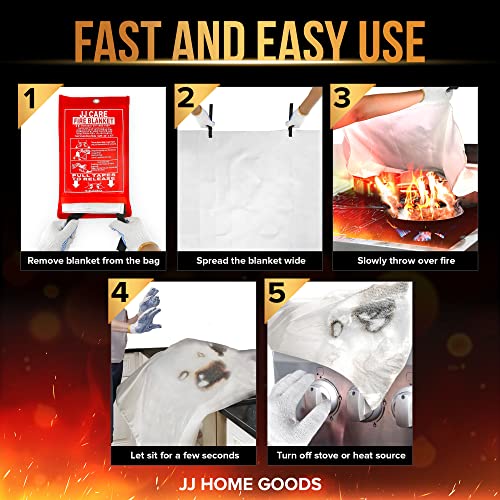 JJ CARE Fire Blanket for Home 40"x40" + 2 Hooks & 2 Gloves, Fire Suppression Blanket, Emergency Fire Blanket for People, Fire Blanket Kitchen, Emergency Use - White