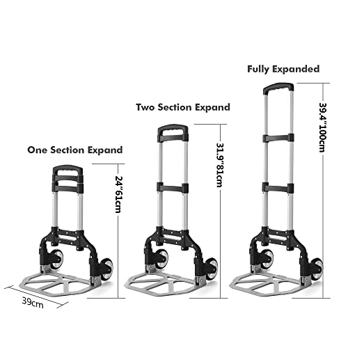 Caflower Folding Hand Truck, Aluminium Portable Folding Trolley with 3-Position Folding Pulley Handles, Load Capacity 175 lbs for Home, Office and Travel Use. (Aluminum+PVC Wheels)