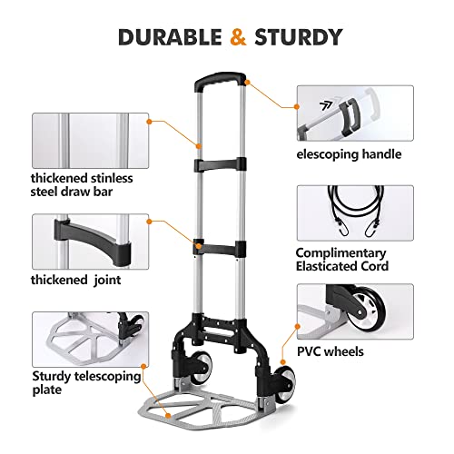 Caflower Folding Hand Truck, Aluminium Portable Folding Trolley with 3-Position Folding Pulley Handles, Load Capacity 175 lbs for Home, Office and Travel Use. (Aluminum+PVC Wheels)