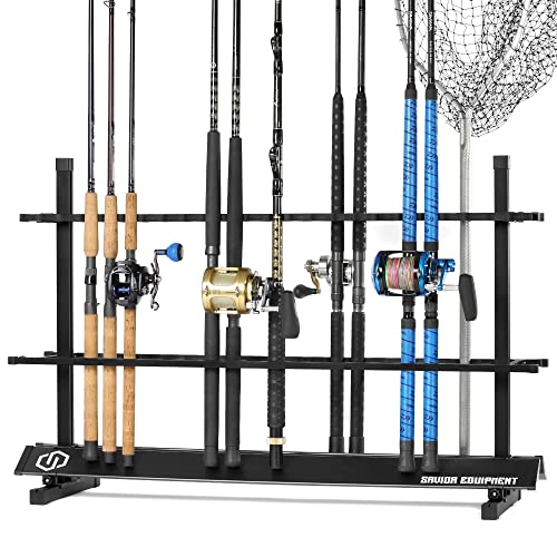 Savior Equipment Fishing Rod Rack Holder Organizer, Lightweight Aluminum Vertical Fish Pole Garage Storage Ground Display Stand, Hold Up to 48 Slots Fresh Salt Water Spinning Rods & Reel Combo, Black