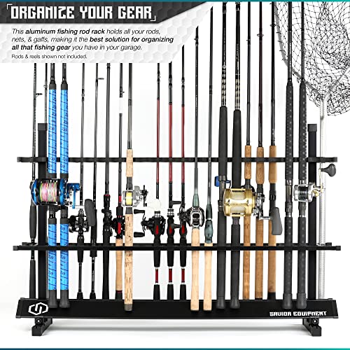 Savior Equipment Fishing Rod Rack Holder Organizer, Lightweight Aluminum Vertical Fish Pole Garage Storage Ground Display Stand, Hold Up to 48 Slots Fresh Salt Water Spinning Rods & Reel Combo, Black