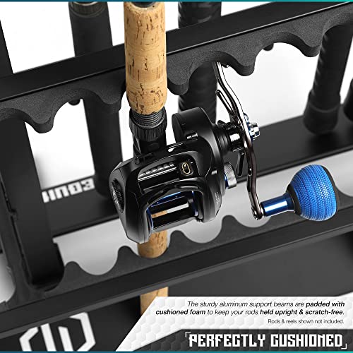 Savior Equipment Fishing Rod Rack Holder Organizer, Lightweight Aluminum Vertical Fish Pole Garage Storage Ground Display Stand, Hold Up to 48 Slots Fresh Salt Water Spinning Rods & Reel Combo, Black