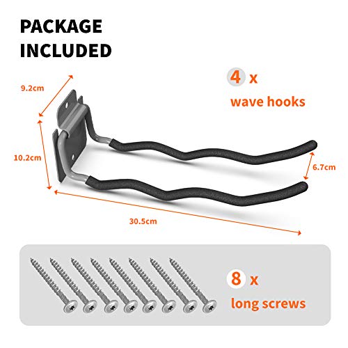 TORACK Garage Hooks Tool Organizer, 4 Pack Heavy Duty Steel 12" Wave Hooks, Wall Mount Garage Storage Utility Hooks for Car Tires, Ladder, Chairs, Power Tools, Garden Tools
