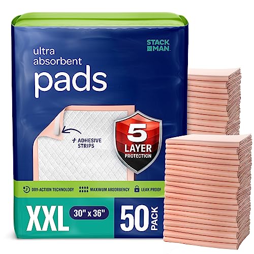 Bed Pads for Incontinence Disposable 30 x 36 [50-Count] Ultra Absorbent Chux Pads with Adhesive Strips - Heavy-Duty Underpads 30x36 - Chucks Pads Disposable Adult, Kids - X-Large Puppy Training Pads