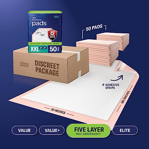 Bed Pads for Incontinence Disposable 30 x 36 [50-Count] Ultra Absorbent Chux Pads with Adhesive Strips - Heavy-Duty Underpads 30x36 - Chucks Pads Disposable Adult, Kids - X-Large Puppy Training Pads
