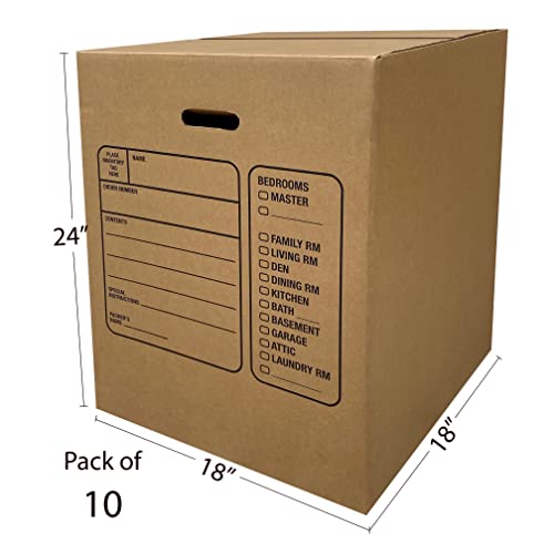 uBoxes Corrugated Moving Boxes with Handles, 10 Premium Large, 18" x 18" x 24"