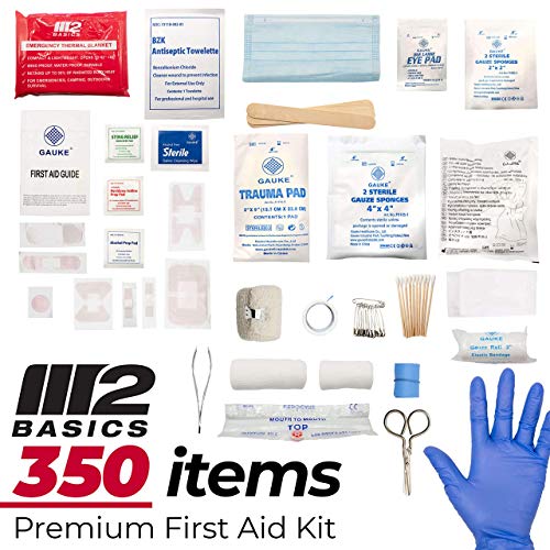 M2 BASICS 350 Piece Emergency First Aid Kit | Dual Layer, Wall Mountable, Medical Supplies for Business, School, Car or Home