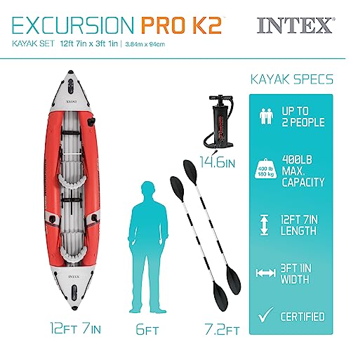 Intex Excursion Pro Kayak, Professional Series Inflatable Fishing Kayak, K2: 2-Person, Red