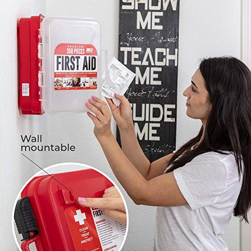 M2 BASICS 350 Piece Emergency First Aid Kit | Dual Layer, Wall Mountable, Medical Supplies for Business, School, Car or Home