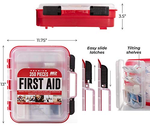 M2 BASICS 350 Piece Emergency First Aid Kit | Dual Layer, Wall Mountable, Medical Supplies for Business, School, Car or Home