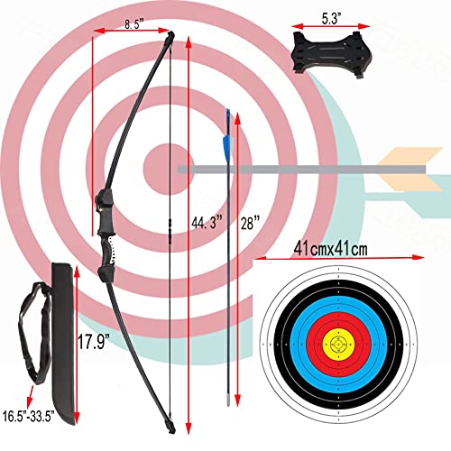 Mxessua 45" Bow and Arrows Set for Teens Recurve Archery Beginner Gift Longbow Kit Includes 9 Arrows, 4 Target Face Paper, Armground,Quiver, Sight 18 Lb for Backyard Sport Game (Black)