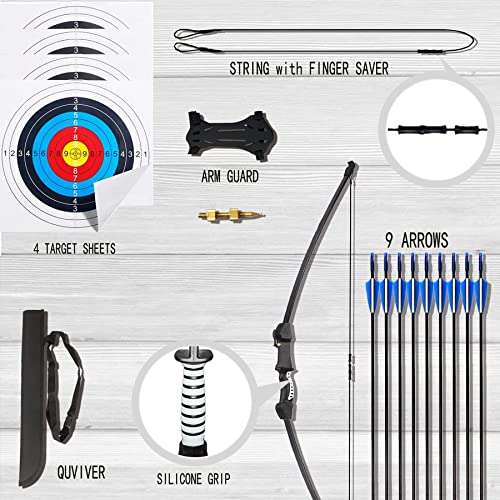 Mxessua 45" Bow and Arrows Set for Teens Recurve Archery Beginner Gift Longbow Kit Includes 9 Arrows, 4 Target Face Paper, Armground,Quiver, Sight 18 Lb for Backyard Sport Game (Black)