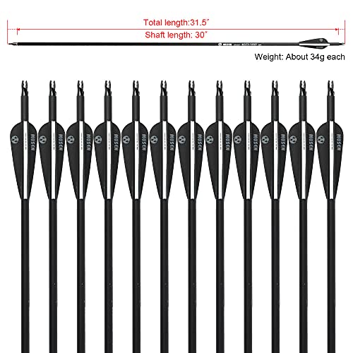 Musen 28"/30" Carbon Archery Arrows, Shaft Spine 500 with Removable Tips, GPI 13.0 Hunting and Target Practice Arrows for Both Compound Bow and Recurve Bow, 12 Pcs