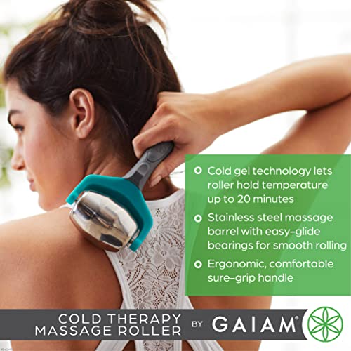 Gaiam Restore Cold Therapy Massage Roller - Easy-Glide Massage Ball Roller with Sure-Grip Handle - Muscle Massage Tool to Help with Sore Muscles, Neck, and Back Pain - Compact and Lightweight