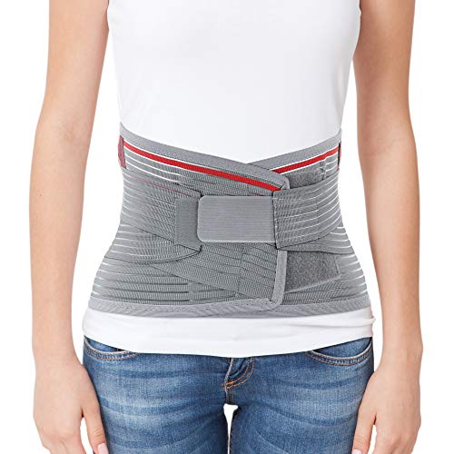 ORTONYX Lumbar Support Belt Lumbosacral Back Brace â Ergonomic Design and Breathable Material - lower back pain relief warmer stretcher - M/L (Waist 31.5"-39.4") Gray/Red