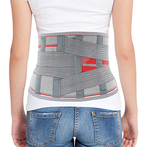 ORTONYX Lumbar Support Belt Lumbosacral Back Brace â Ergonomic Design and Breathable Material - lower back pain relief warmer stretcher - M/L (Waist 31.5"-39.4") Gray/Red