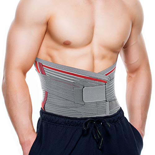 ORTONYX Lumbar Support Belt Lumbosacral Back Brace â Ergonomic Design and Breathable Material - lower back pain relief warmer stretcher - M/L (Waist 31.5"-39.4") Gray/Red