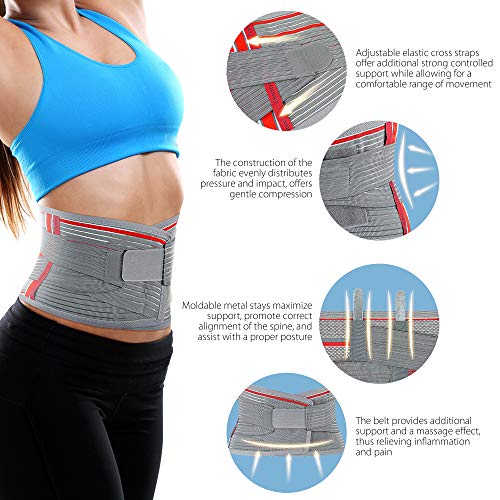 ORTONYX Lumbar Support Belt Lumbosacral Back Brace â Ergonomic Design and Breathable Material - lower back pain relief warmer stretcher - M/L (Waist 31.5"-39.4") Gray/Red