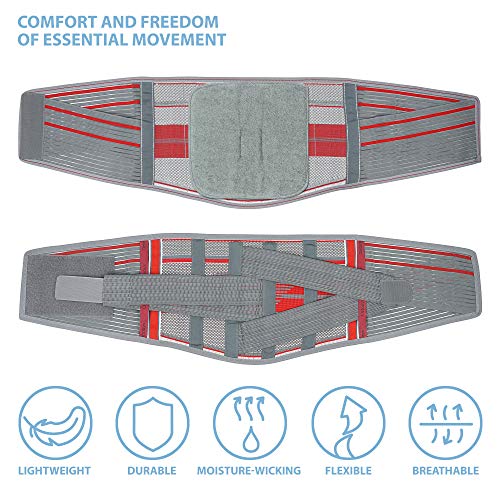 ORTONYX Lumbar Support Belt Lumbosacral Back Brace â Ergonomic Design and Breathable Material - lower back pain relief warmer stretcher - M/L (Waist 31.5"-39.4") Gray/Red