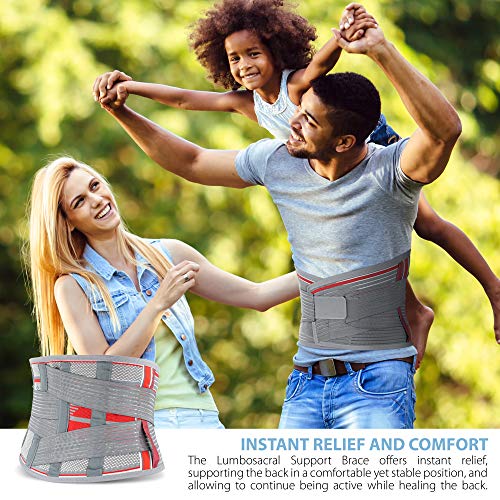 ORTONYX Lumbar Support Belt Lumbosacral Back Brace â Ergonomic Design and Breathable Material - lower back pain relief warmer stretcher - M/L (Waist 31.5"-39.4") Gray/Red