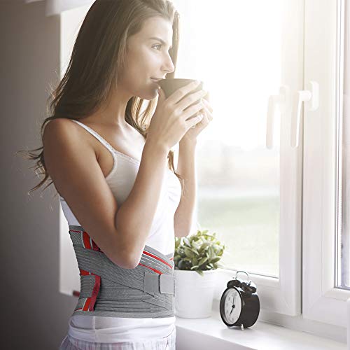 ORTONYX Lumbar Support Belt Lumbosacral Back Brace â Ergonomic Design and Breathable Material - lower back pain relief warmer stretcher - M/L (Waist 31.5"-39.4") Gray/Red