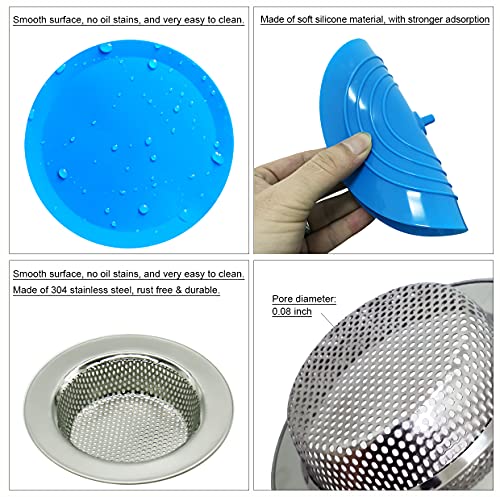 Seatery 4PCS Kitchen Sink Strainer Stopper Kit, Universal Silicone Sink Drain Plug Cover, Drain Water Stopper, 4.5 Inch Stainless Steel Sink Drain Strainer, Food Debris Catcher for Kitchen