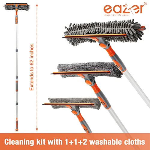 eazer Squeegee Window Cleaner 2 in 1 Rotatable Window Cleaning Tool Kit with Extension Pole, 62ââ Telescopic Window Washing Equipment with Bendable Head for Indoor/Outdoor Car Glass - 4 Pads