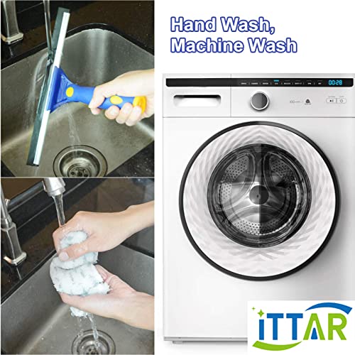 ITTAR Window Cleaner Squeegee,Rotatable Squeegee and Microfiber Scrubber with Extendable 3 Section Stainless Steel Pole,Window Cleaning Tool with 2 Microfiber Pads for Shower Glass Door,Car Windshield