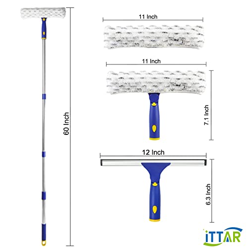 ITTAR Window Cleaner Squeegee,Rotatable Squeegee and Microfiber Scrubber with Extendable 3 Section Stainless Steel Pole,Window Cleaning Tool with 2 Microfiber Pads for Shower Glass Door,Car Windshield