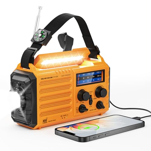 Emergency Radio 5-ways Powered Crank Solar Battery Operated Portable AM FM SW NOAA Weather Alert Radio with USB Charger,Camping Flashlight,Lamp,Headphone Jack,Compass,SOS Alarm,Best Survival Equipment